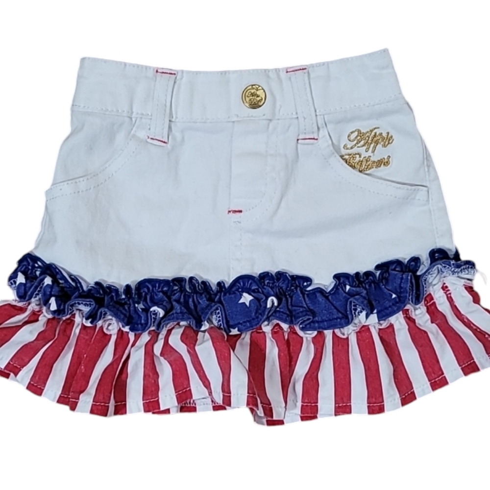 Apple Bottoms Americana Denim Skirt Patriotic Ruffled Flounce Hem Pockets Sz 12M